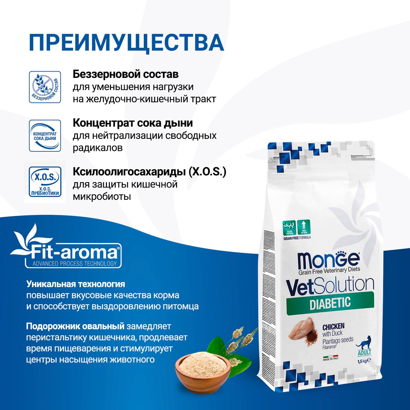 Диетический корм Monge VetSolution Cat Diabetic Диабетик для кошек при сахарном диабете 1,5 кг — фото 6