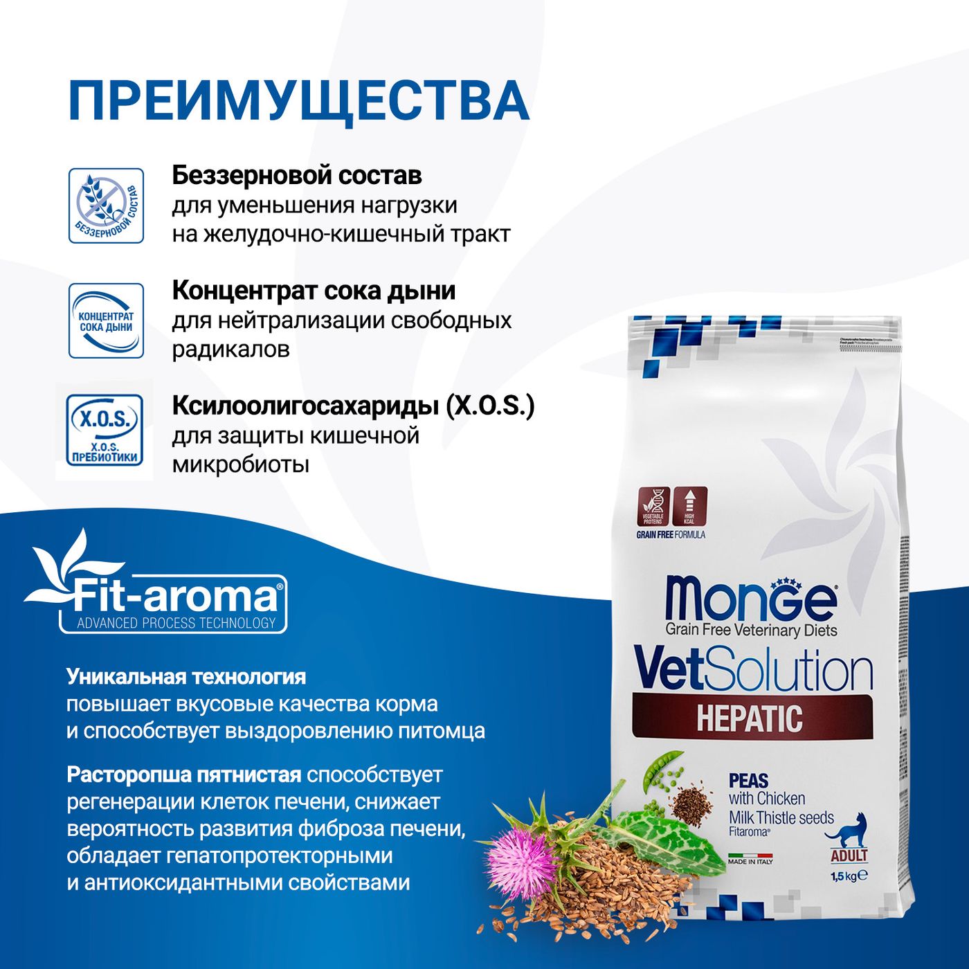 Диетический корм Monge VetSolution Cat Hepatic Гепатик для кошек при заболеваниях печени 1,5 кг — фото 6